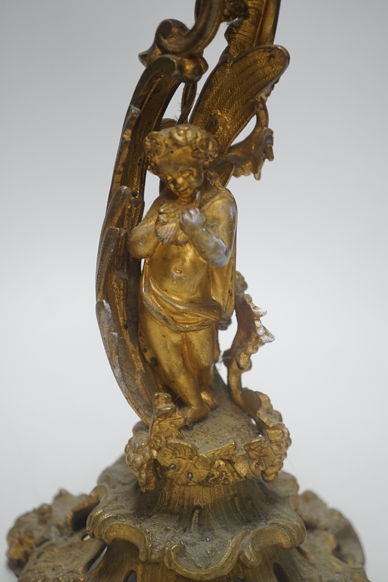 A 19th century French rococo style ormolu candlestick, converted to table lamp, 39cm tall